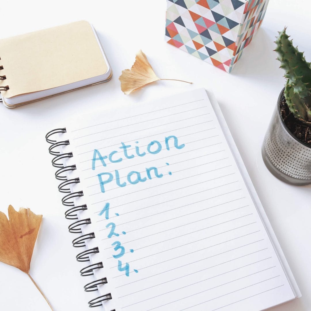 How to Write a Blog Post: Notebook with the title "Action Plan" at the top and blank steps 1, 2, 3, and 4.