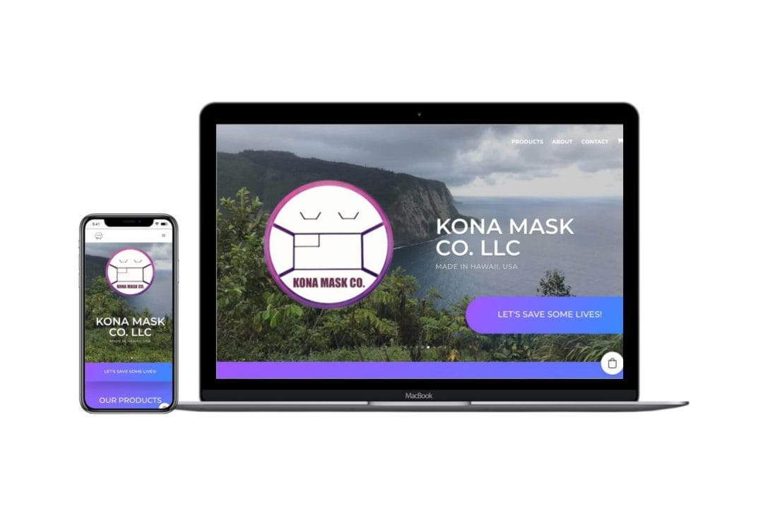 Image of the website of Kona Mask Co. in a phone screen and laptop screen.