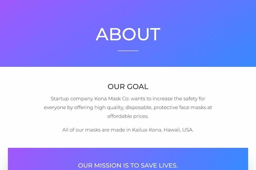 Preview of "About" section of website for Kona Mask Co.